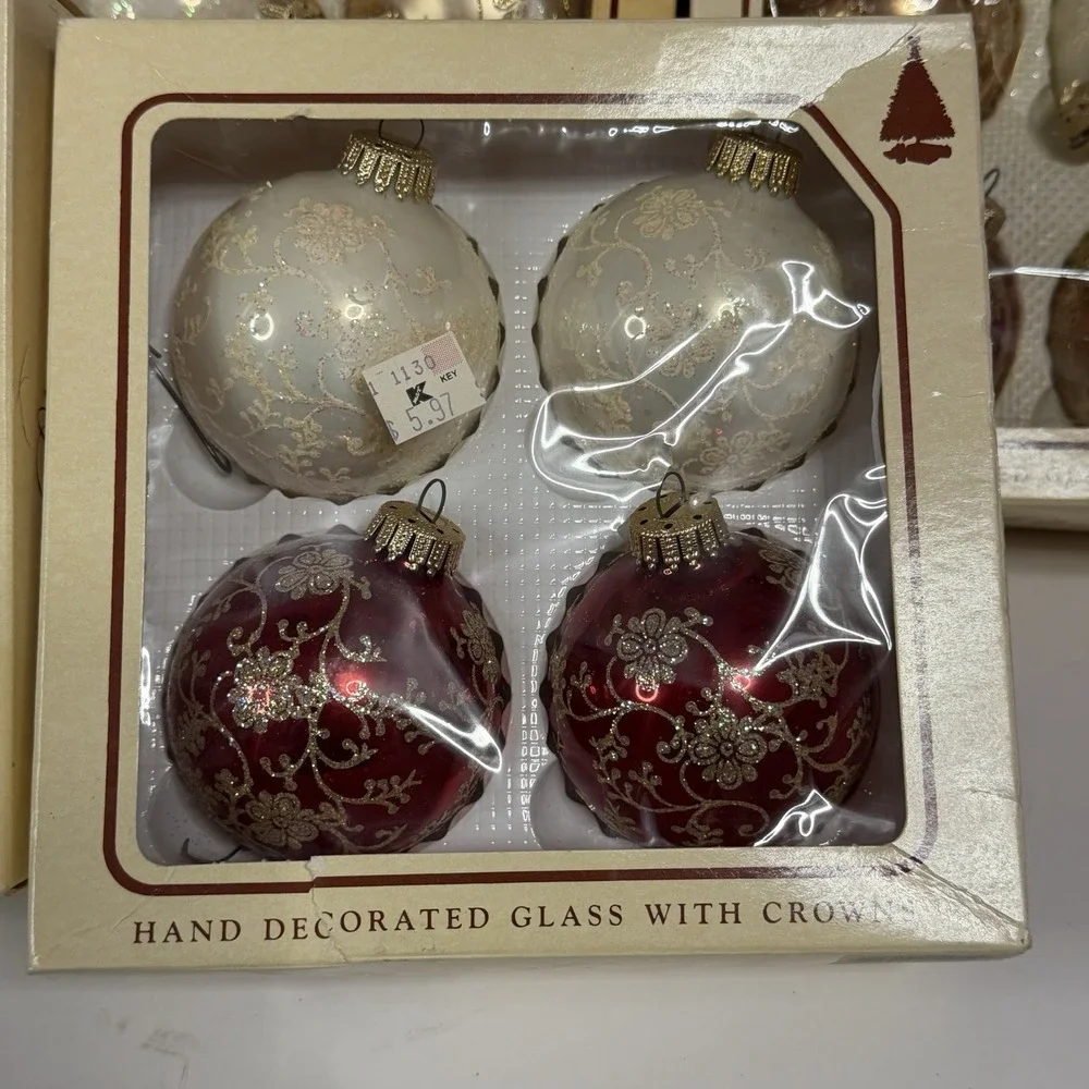 20 Vintage Christmas by Krebs Glass Ornaments Red Gold Cream Glitter Floral Lot